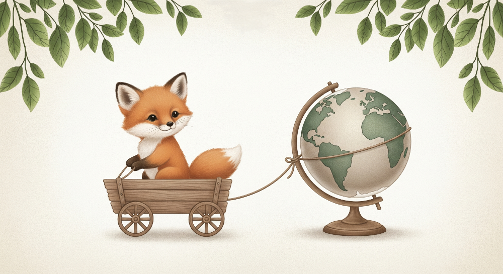 Kids-Mundo flat artwork of a little fox in a wagon pulling a vintage globe
