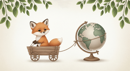 Kids-Mundo flat artwork of a little fox in a wagon pulling a vintage globe