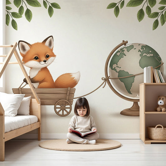 Kids-Mundo fox and globe wall mural made to measure above a nursery cot