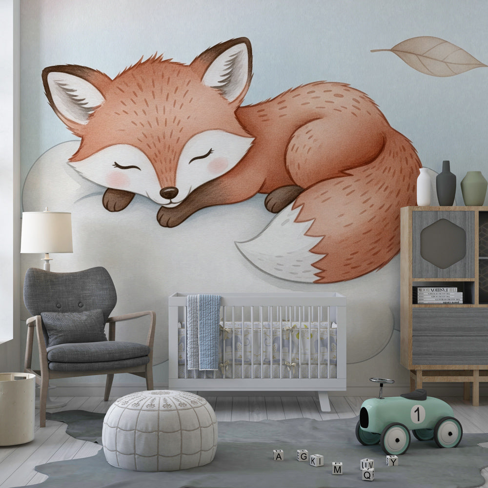 Fox mural wallpaper with cloud design transforming children's bedroom into dreamy sanctuary