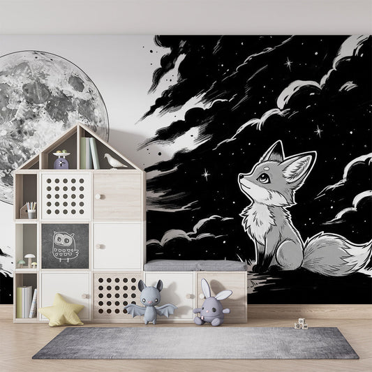 Kids-Mundo black and white fox and moon wall mural in a calm kids bedroom
