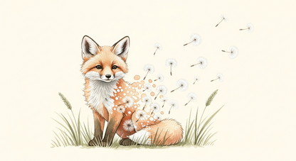 Kids-Mundo flat artwork of a fox dissolving into drifting dandelion seeds on cream