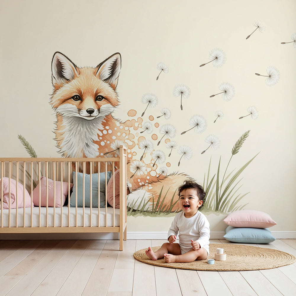 Kids-Mundo fox and dandelion wall mural styled as a calm focal point in a nursery