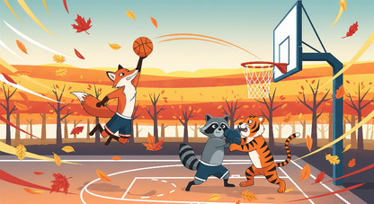 Kids-Mundo flat artwork of a fox slam dunking a basketball as a raccoon and tiger scramble beneath the hoop