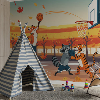 Kids-Mundo autumn basketball wall mural with falling leaves covering a full playroom wall