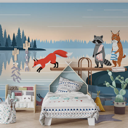 Kids-Mundo fox and lake wall mural covering a feature wall in a children's bedroom.