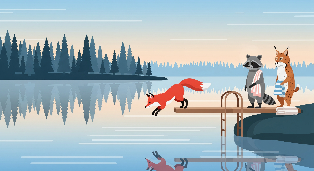 Fox Leaping Into a Twilight Forest Lake Wall Mural