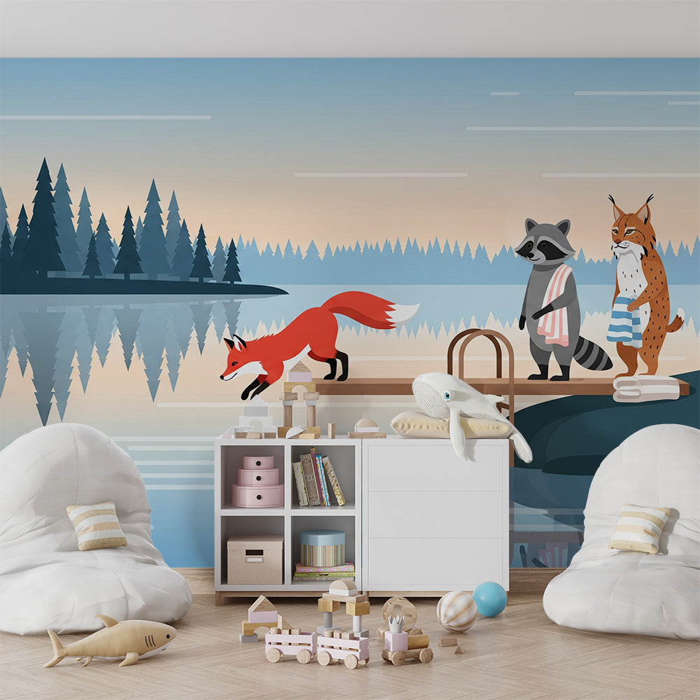 Kids-Mundo twilight lake mural with a leaping fox brightening a playroom feature wall.
