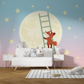 Starry night fox wallpaper with climbing ladder design in cozy kids room setting by Kids-Mundo