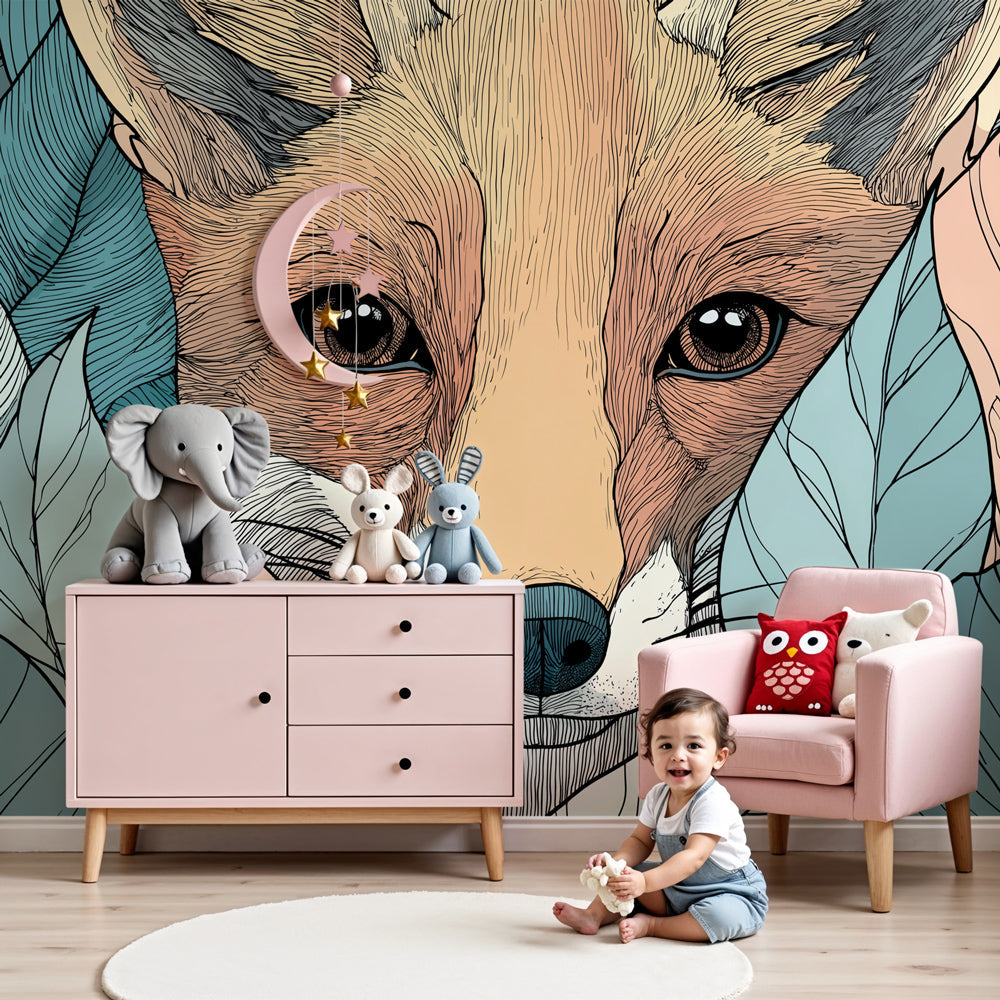 Fox face mural wallpaper with botanical leaves creating magical nursery decor by Kids-Mundo
