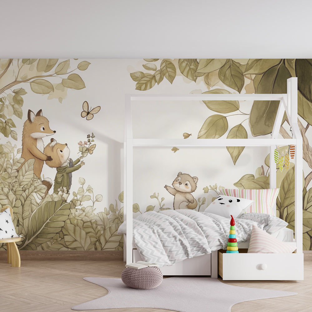 Kids-Mundo fox family wall mural bringing a storybook forest feel to a bright playroom wall.