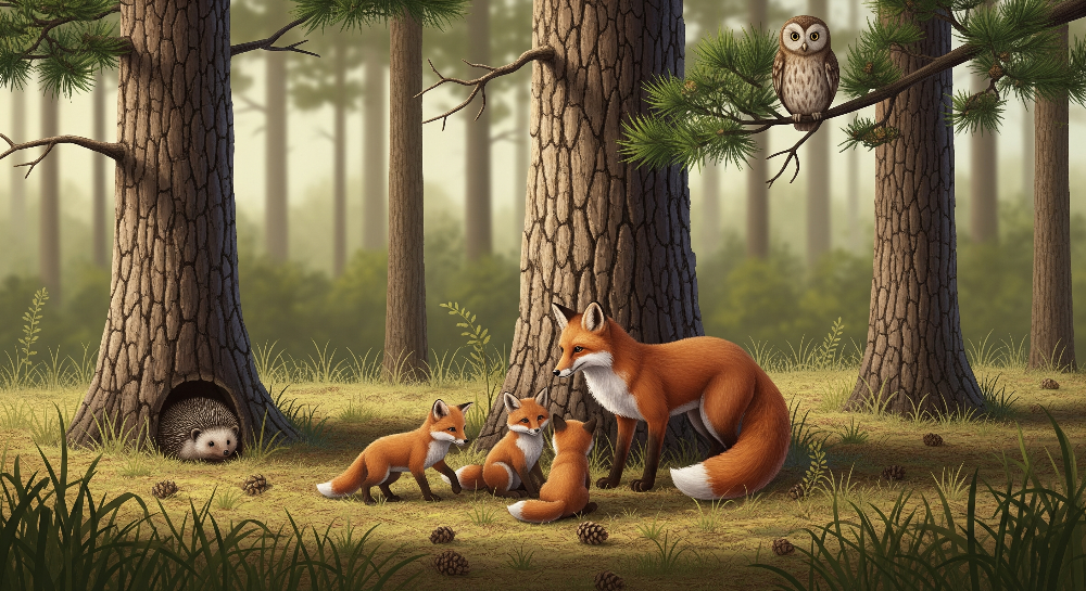 Fox Family with Hedgehog and Owl Wall Mural