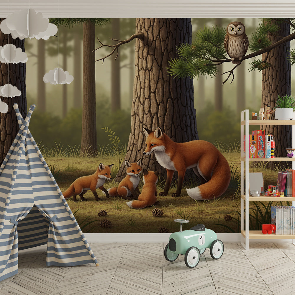 Kids-Mundo woodland fox family mural bringing playful cubs into a children's playroom