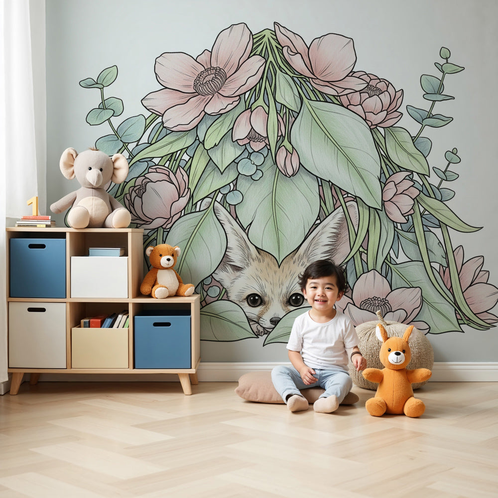 Fox floral mural wallpaper creating enchanted garden nursery decor by Kids-Mundo
