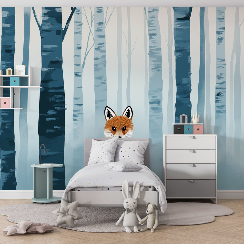 Enchanted forest wallpaper creating magical kids bedroom decor with playful fox character