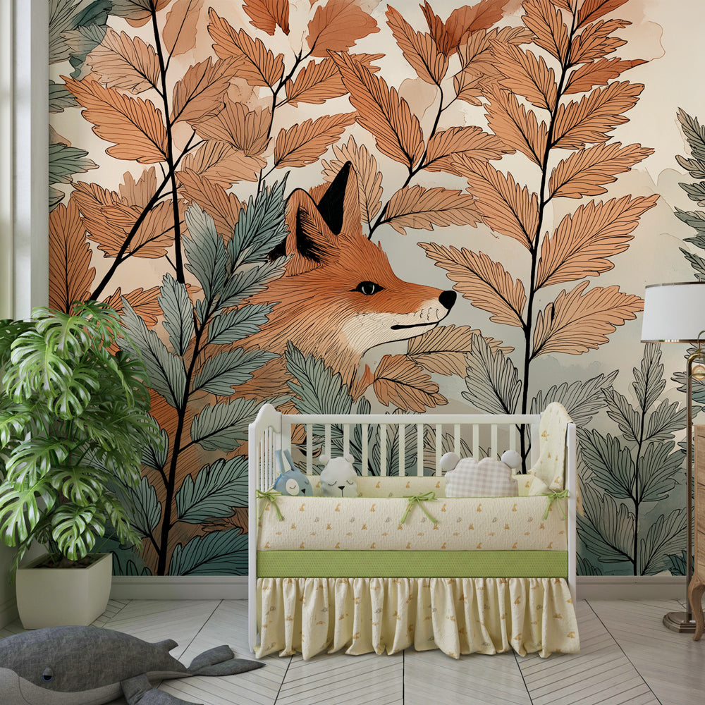 Colorful fox woodland wallpaper creating cozy children's bedroom atmosphere