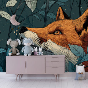 Curious fox wallpaper with turquoise leaves creating cozy woodland atmosphere in kids room by Kids-Mundo