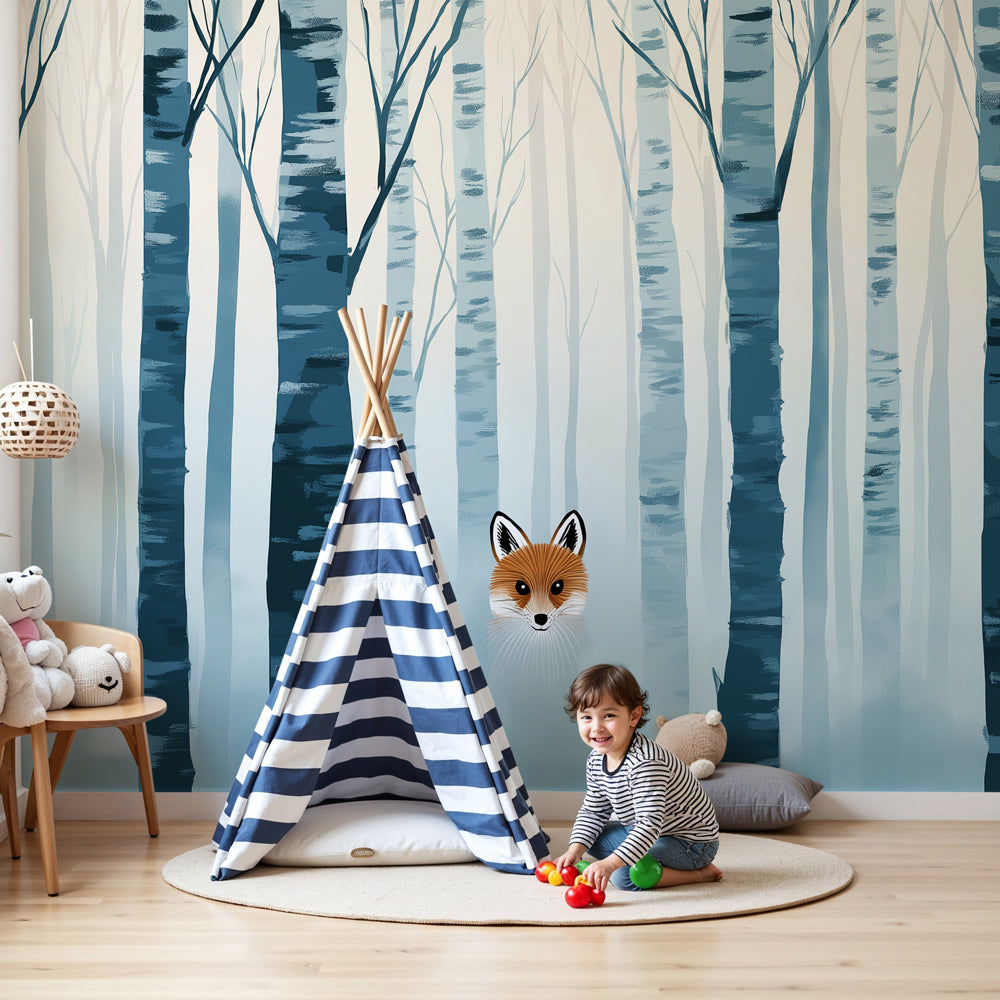 Fox forest mural wallpaper in modern nursery with blue woodland theme by Kids-Mundo