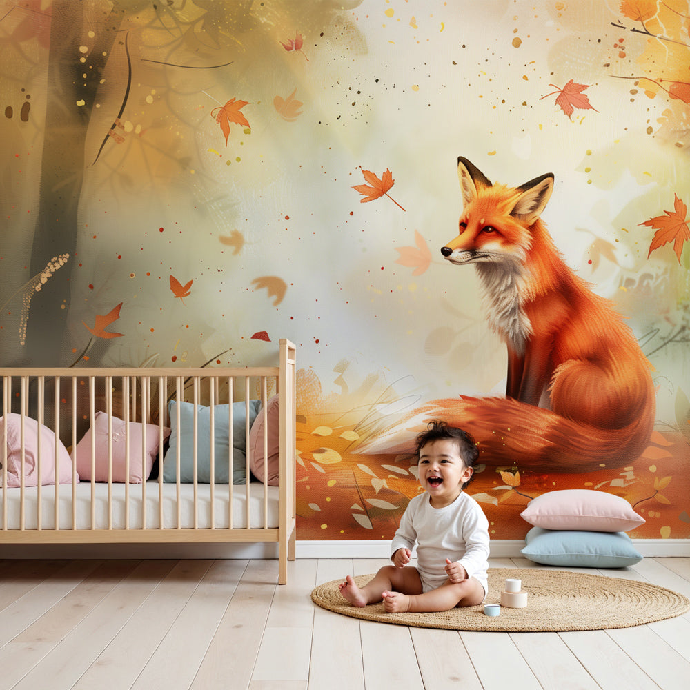 Fox forest mural wallpaper creating cozy autumn atmosphere in modern nursery by Kids-Mundo