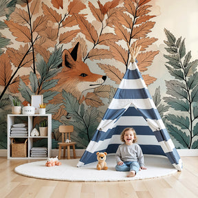 Fox forest mural wallpaper in modern nursery with natural wood furniture by Kids-Mundo