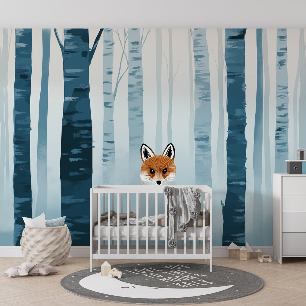 Blue woodland mural wallpaper transforming children's playroom into forest adventure