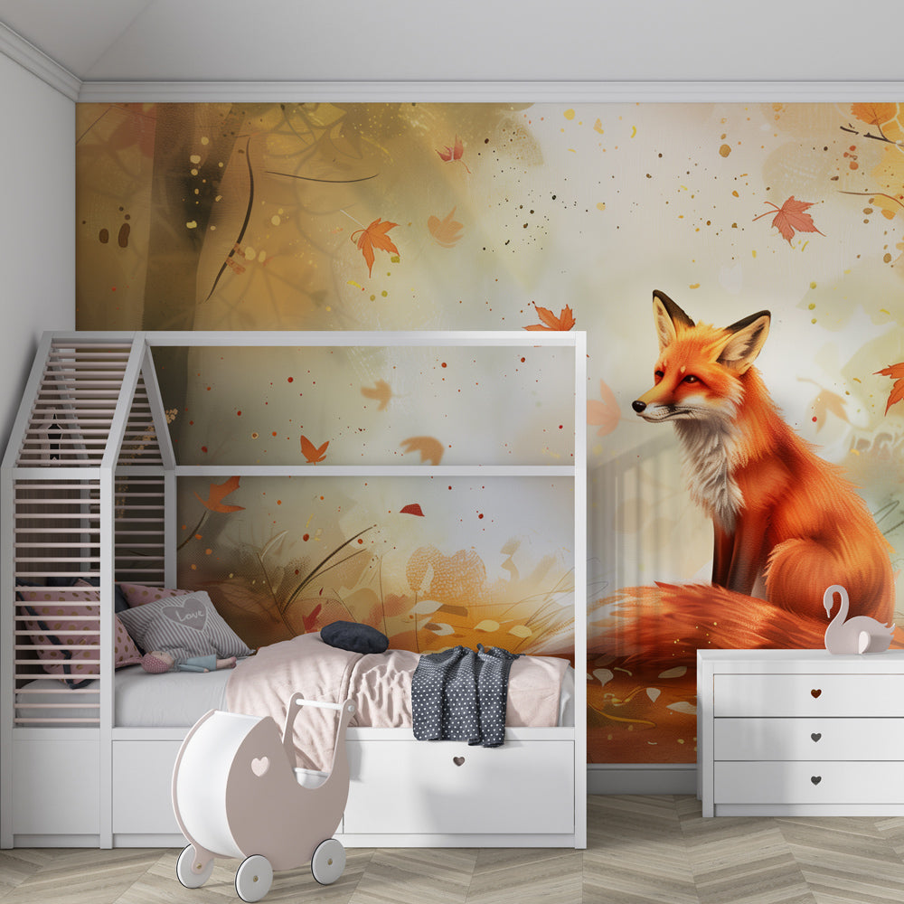 Autumn fox and falling leaves mural wallpaper creating magical playroom environment by Kids-Mundo