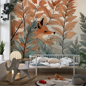 Orange and blue fox mural wallpaper transforming kids playroom into forest hideaway