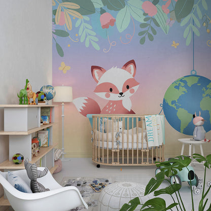 Kids-Mundo floral fox wall mural made to measure on a feature wall in a kids bedroom