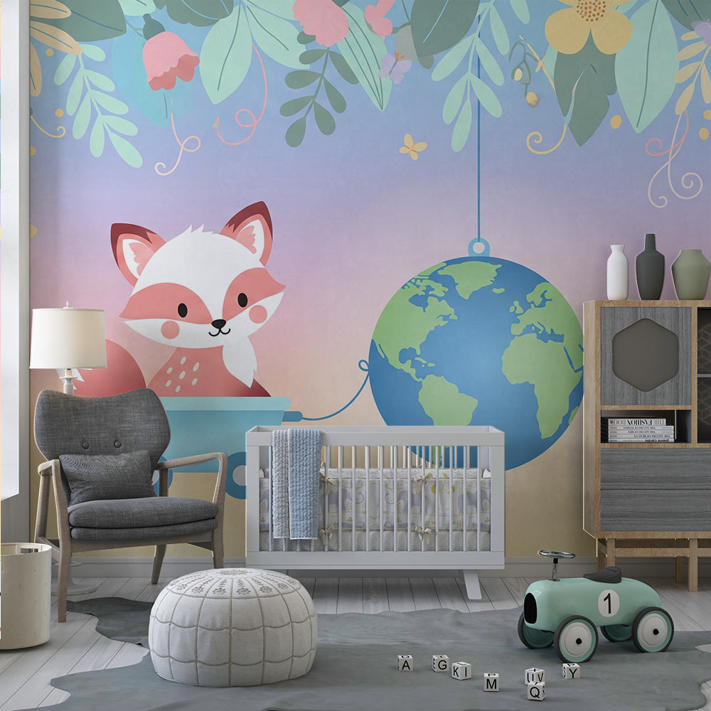 Kids-Mundo fox and globe wall mural made to measure, styled on a bright playroom wall