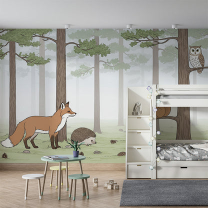 Kids-Mundo woodland animal wall mural brightening a children's playroom with fox and friends