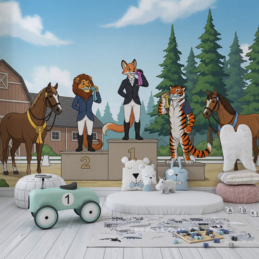 Kids-Mundo horse show wall mural with fox, lion and tiger styled on a kids bedroom wall