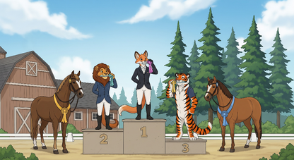 Kids-Mundo flat artwork of a fox, lion and tiger on a winners' podium beside two horses