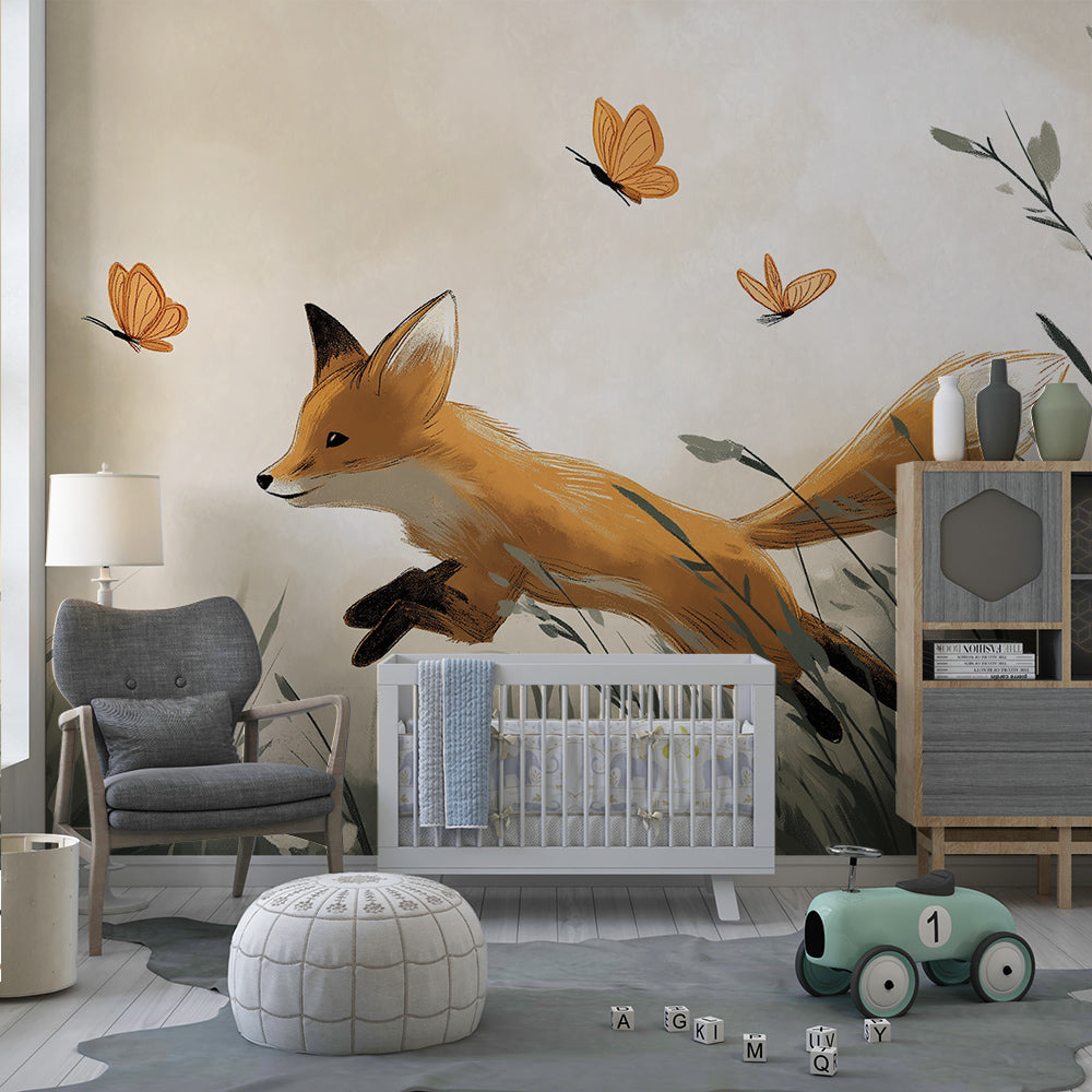Kids-Mundo leaping fox wall mural with orange butterflies in a lively playroom
