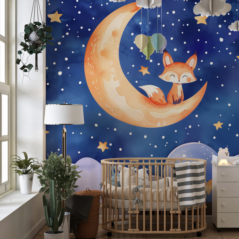 Starry sky fox wallpaper transforming baby bedroom into enchanting dreamland by Kids-Mundo