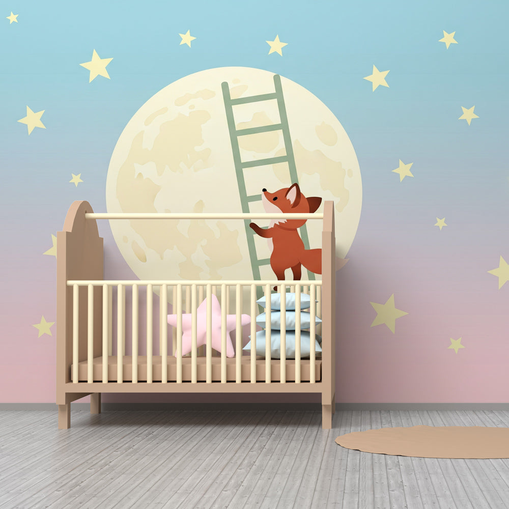 Dreamy fox and moon mural wallpaper creating peaceful nursery atmosphere with pastel colors