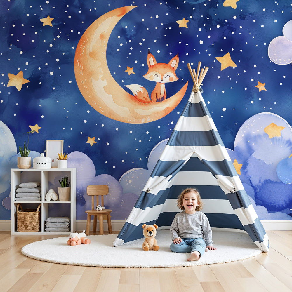 Fox moon mural wallpaper creating magical nursery atmosphere with starry sky design by Kids-Mundo