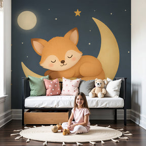 Fox moon mural wallpaper creating dreamy nursery decor with sleeping fox on crescent moon by Kids-Mundo