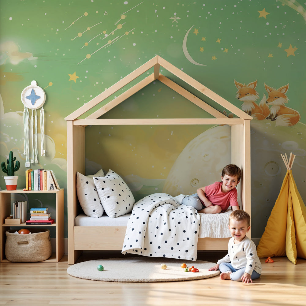 Fox moon mural wallpaper creating magical celestial nursery decor with dreamy green tones by Kids-Mundo