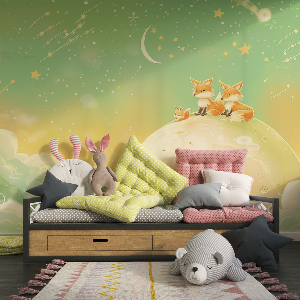 Moon and fox themed mural wallpaper creating whimsical playroom atmosphere for children by Kids-Mundo