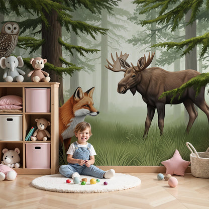 Kids-Mundo fox and moose wall mural styled in a misty-toned nursery with a cot
