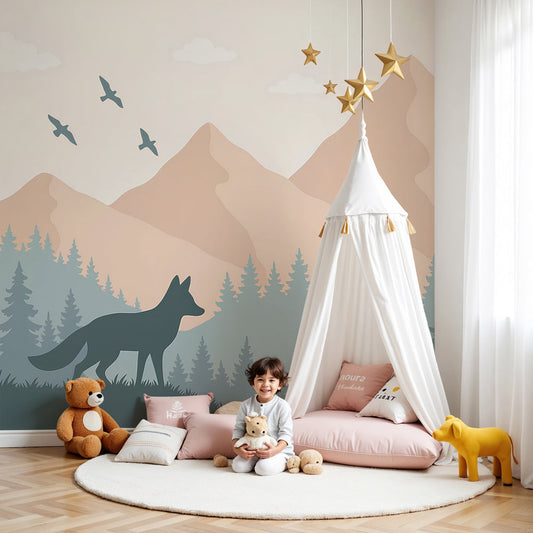 Kids-Mundo fox silhouette mountain wall mural styled in a soft peach and sand nursery
