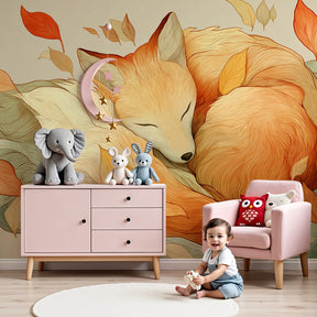Peaceful fox mural wallpaper with autumn leaves in cozy children's nursery by Kids-Mundo