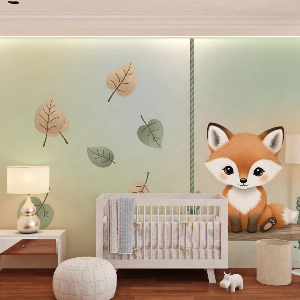 Woodland fox swing wallpaper creating peaceful atmosphere in infant bedroom decor