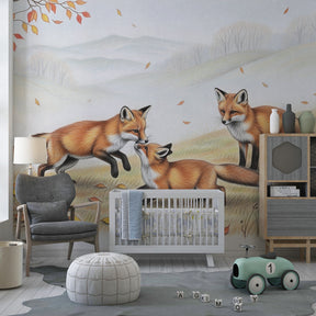 Playful fox autumn wallpaper transforming kids bedroom into woodland sanctuary