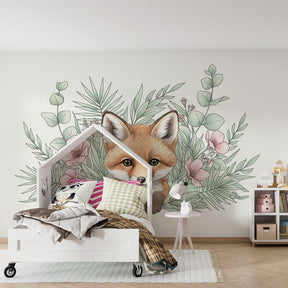 Forest fox wallpaper creating magical woodland atmosphere in children's bedroom