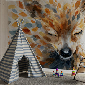 Woodland fox wallpaper creating serene atmosphere in children's bedroom with natural decor