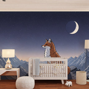 Majestic fox starry night wallpaper creating magical atmosphere in kids bedroom