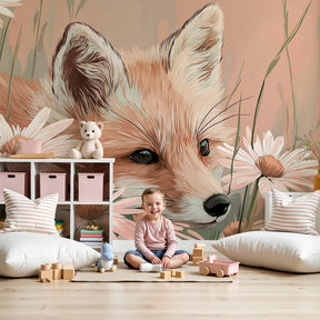 Fox and daisy mural wallpaper in modern nursery with natural wood crib by Kids-Mundo