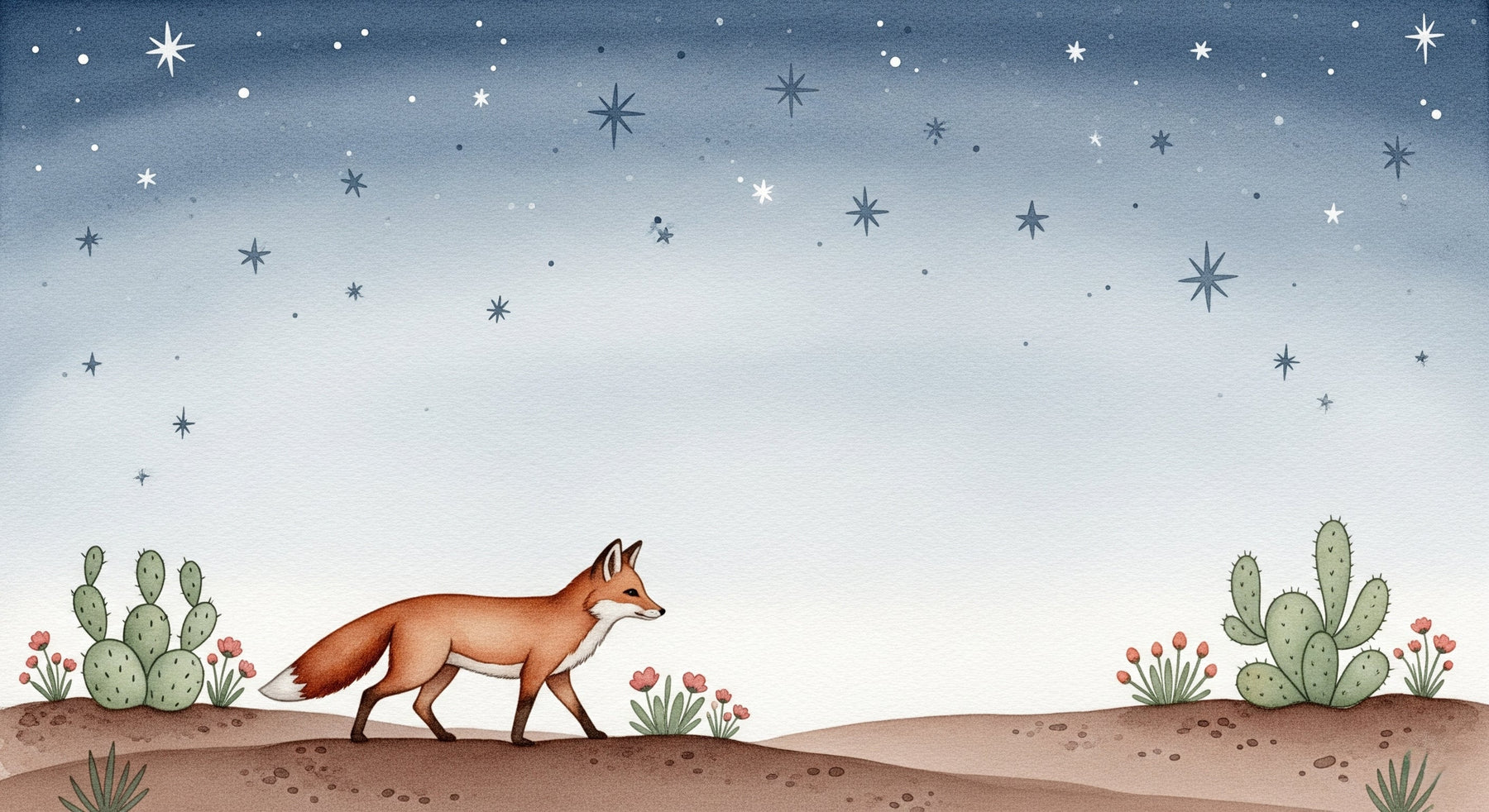 Detailed fox under starry sky mural wallpaper design pattern with desert cacti by Kids-Mundo