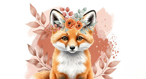 Detailed fox with floral crown mural wallpaper design pattern by Kids-Mundo